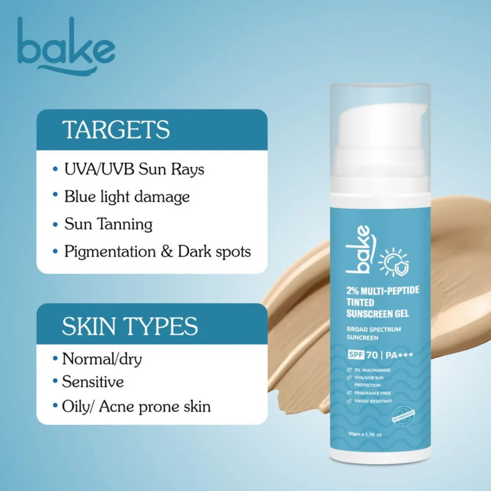 Bake 2% Multi Peptide Tinted Sunscreen Gel SPF 70 PA+++ - 50 gm