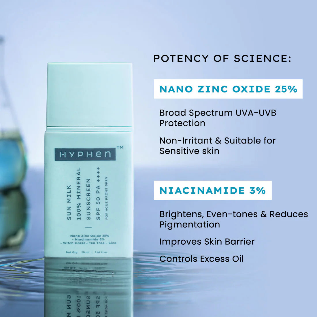 Hyphen Sun Milk 100% Mineral Sunscreen SPF 50 PA++++ 25% Nano Zinc Oxide For Acne Prone, Oily Skin - 50 ml