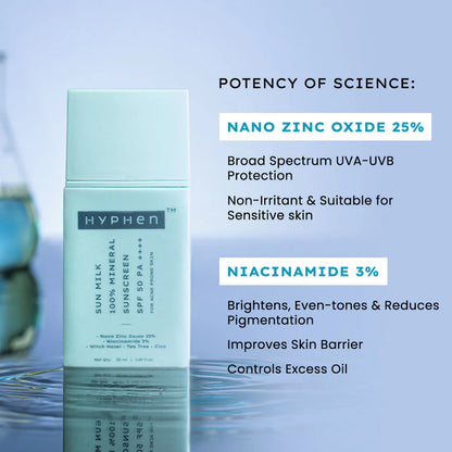 Hyphen Sun Milk 100% Mineral Sunscreen SPF 50 PA++++ 25% Nano Zinc Oxide For Acne Prone, Oily Skin - 50 ml
