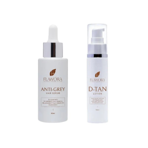 Flawora Set of Anti-Grey Hair Serum and D-Tan Lotion - combo