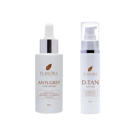 Flawora Set of Anti-Grey Hair Serum and D-Tan Lotion - combo