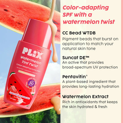 PLIX The Plant Fix Watermelon Tint Twist Color-Adapting Sunscreen For Light Coverage & Instant Glow - 50 ml - Golden Glow (Light)