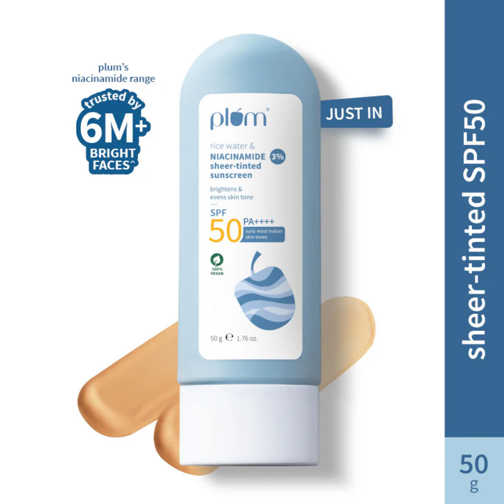 Plum Rice Water & 3% NiacinamiPlum Rice Water & 3% Niacinamide Sheer-Tinted Sunscreen With SPF 50 PA++++ For Oily To Normal Skin - 50 gmde Sheer-Tinted Sunscreen With SPF 50 PA++++ For Oily To Normal Skin - 50 gm