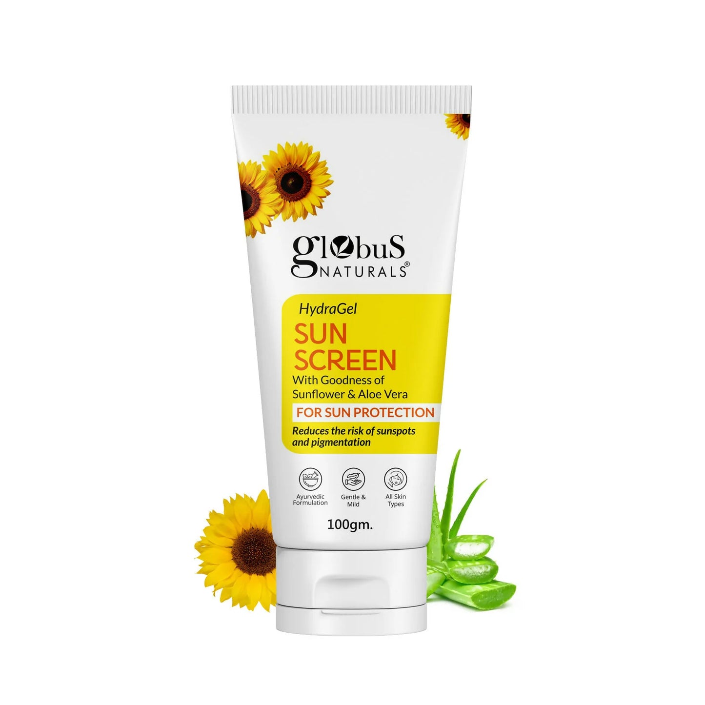 Globus Naturals Hydra Gel Sunscreen With Goodness of Sunflower & AloeVera For Sun Protection All Skin Types - 100 gm
