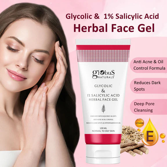 Globus Naturals Glycolic & 1% Salicylic Acid Herbal Anti Acne Face Gel - 100 ml