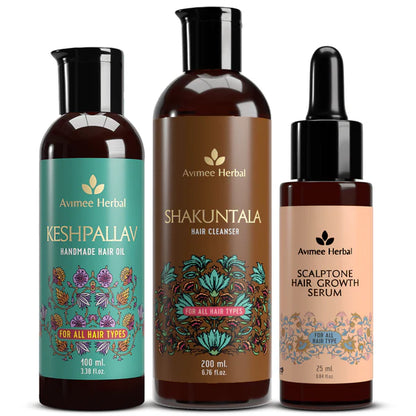 Avimee Herbal Hair Growth Kit: Keshpallav Hair Oil, Shakuntala Hair Cleanser And Scalptone Hair Growth Serum - kit