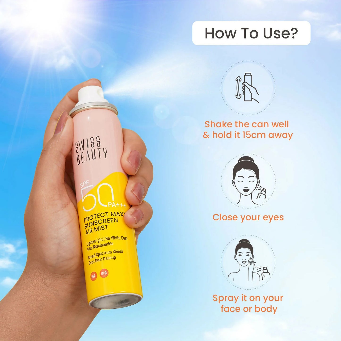 Swiss Beauty Protect Maxx Sunscreen Air Mist With SPF 50 PA+++ - 80 ml