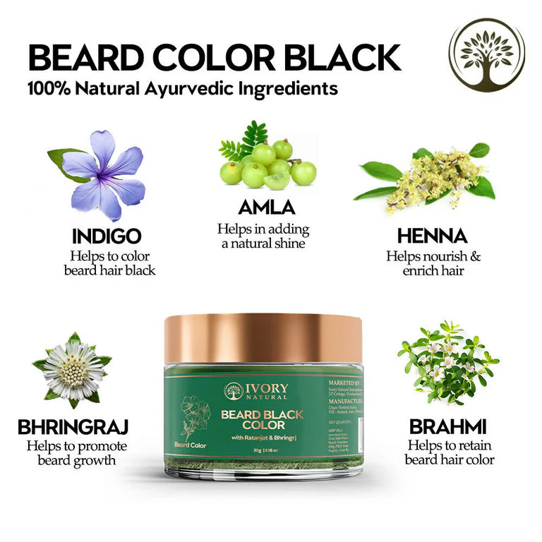 Ivory Natural Beard Black Color Organic - Instant Natural Plant Based Beard Color Powder - 30 gm