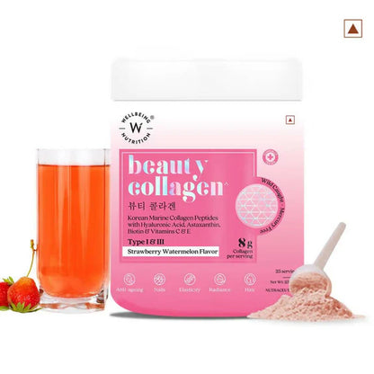 Wellbeing Nutrition Beauty Korean Marine Collagen Peptides - Strawberry & Watermelon - 250 gm