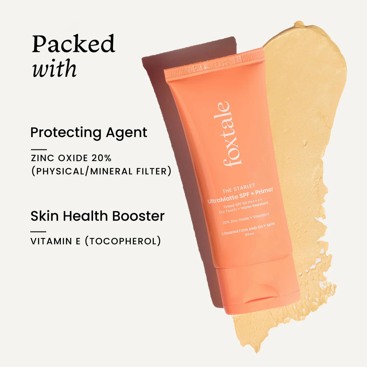 Foxtale Tinted Sunscreen SPF 50 PA++++ & Primer Shade 3 - Light, Water Resistant with Dry-Touch Finish, Blurs Out Pores