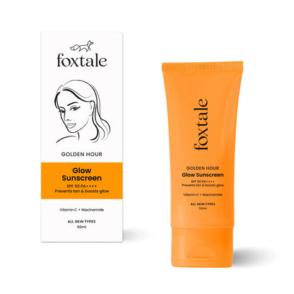Foxtale Glow Sunscreen SPF 50 PA++++ Lightweight With Vitamin C And Niacinamide For a Dewy Glow, UVA And UVB Filters Prevents Tan