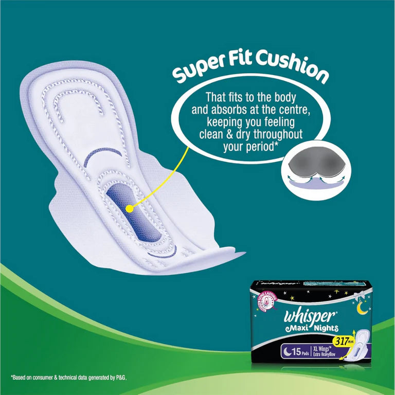 Whisper Maxi Nights Sanitary Pads for Women, XL - 15 Pieces