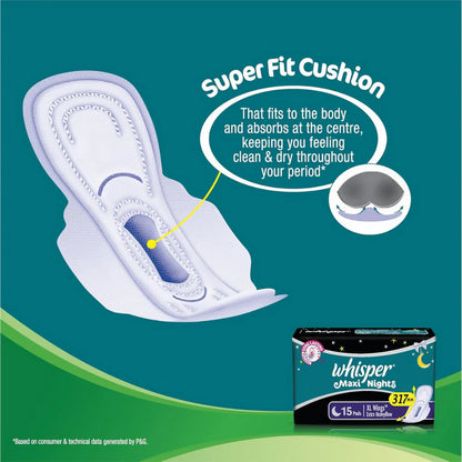 Whisper Maxi Nights Sanitary Pads for Women, XL - 15 Pieces