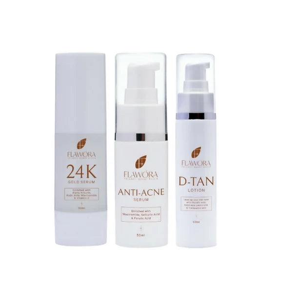 Flawora Set of D-Tan Lotion, Anti Acne Serum and Golden Glow Face Serum - combo