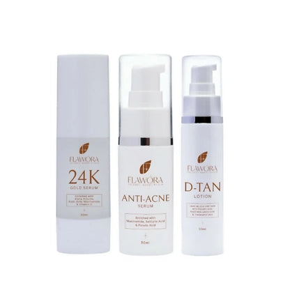 Flawora Set of D-Tan Lotion, Anti Acne Serum and Golden Glow Face Serum - combo