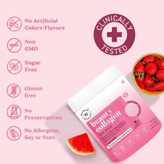 Wellbeing Nutrition Beauty Korean Marine Collagen Peptides - Strawberry & Watermelon - 250 gm