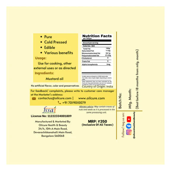 Oilcure Mustard Oil Cold Pressed - 500 ml