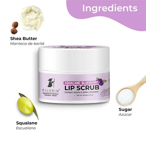 Pilgrim Spanish Lip Scrub (Blueberry) For Dark Lips, Gentle Exfoliation, Hydrated, Smooth & Soft Lips - 8 gm