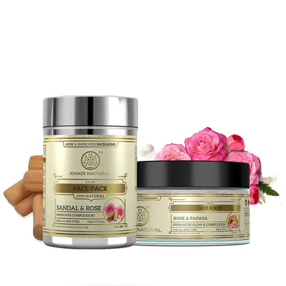 Khadi Natural Rose & Papaya Face Scrub + Sandal & Rose Face Pack - combo