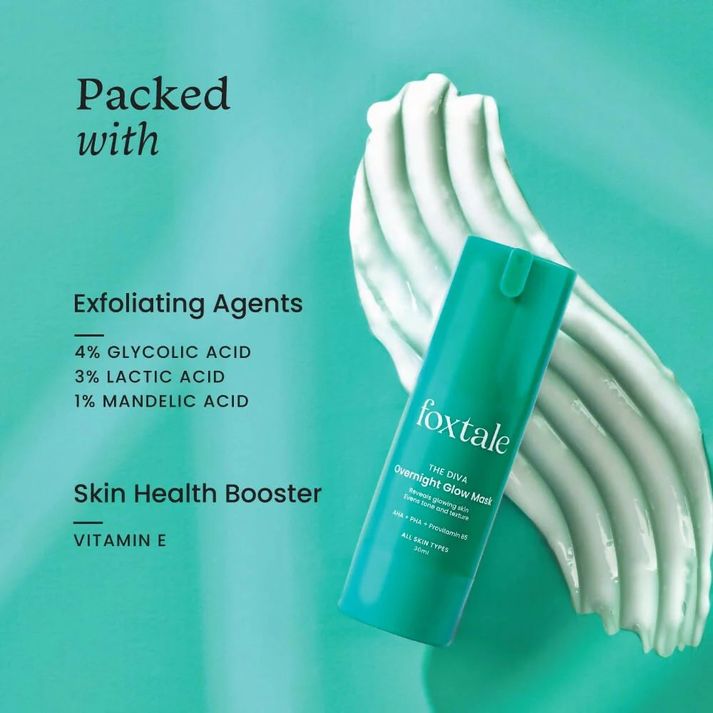 Foxtale Over Night Glow Mask For Glowing Skin, 4% Glycolic Acid & 3% Lactic Acid, Reduces Blackheads and Whiteheads