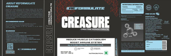 Reformulate Creasure I Creatine Monohydrate I Boost Immune System 3G Of Pure Creatine Nutraceutical - Unflavoured - 250 gm
