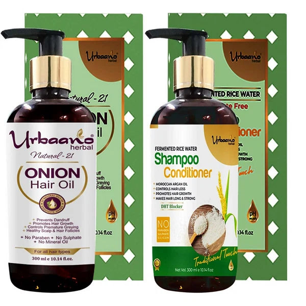 Urbaano Herbal Natural 21 Onion Hair Oil & Fermented Rice Extract Rich Shampoo - combo
