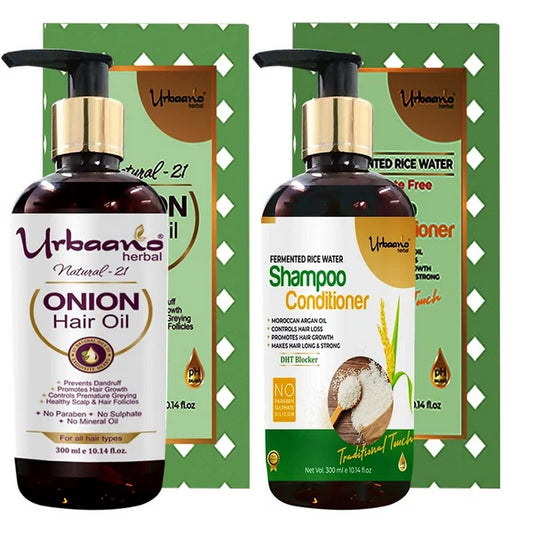 Urbaano Herbal Natural 21 Onion Hair Oil & Fermented Rice Extract Rich Shampoo - combo