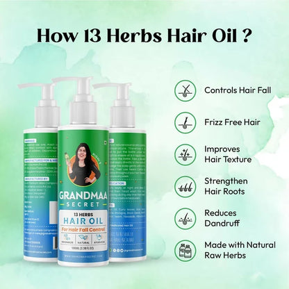 Nidhi's Grandmaa Secret 13 Herbs Hair Oil Handmade Natural Hair Oil With Coconut Oil, Curry Leaves & More Hair Fall Control Oil For Dry Damaged Hair - 100 ml