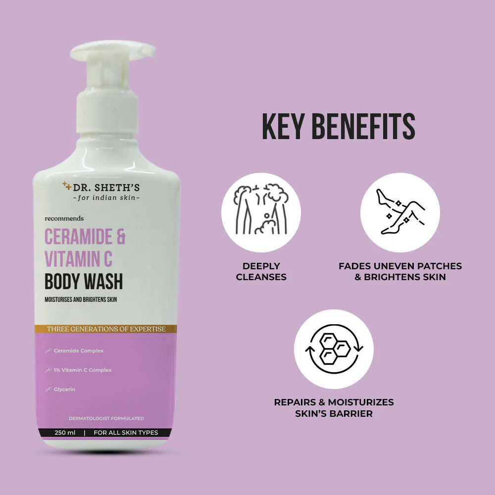 Dr. Sheth's Ceramide & Vitamin C Body Wash Deeply Cleanses & Moisturizes, Brightens skin