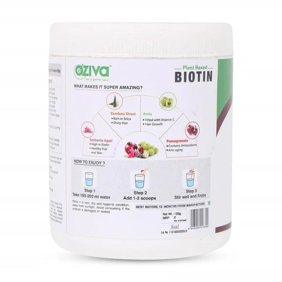 OZiva Plant Based Biotin (10,000+ mcg) - 125 gm