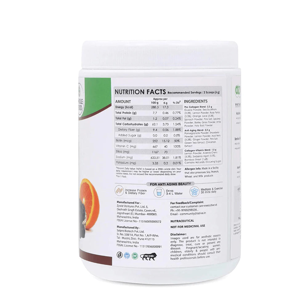 OZiva Vegan Collagen Builder with Biotin & Vitamin C For Brighter & Youthful Skin | Collagen Supplement For Women & Men | Plant Based Collagen Powder -200 gm - Berry Orange