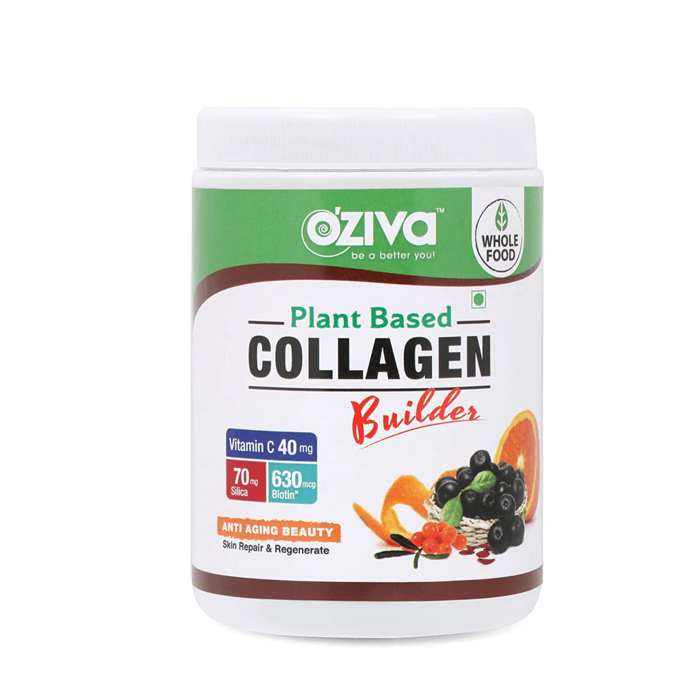 OZiva Vegan Collagen Builder with Biotin & Vitamin C For Brighter & Youthful Skin | Collagen Supplement For Women & Men | Plant Based Collagen Powder -200 gm - Berry Orange