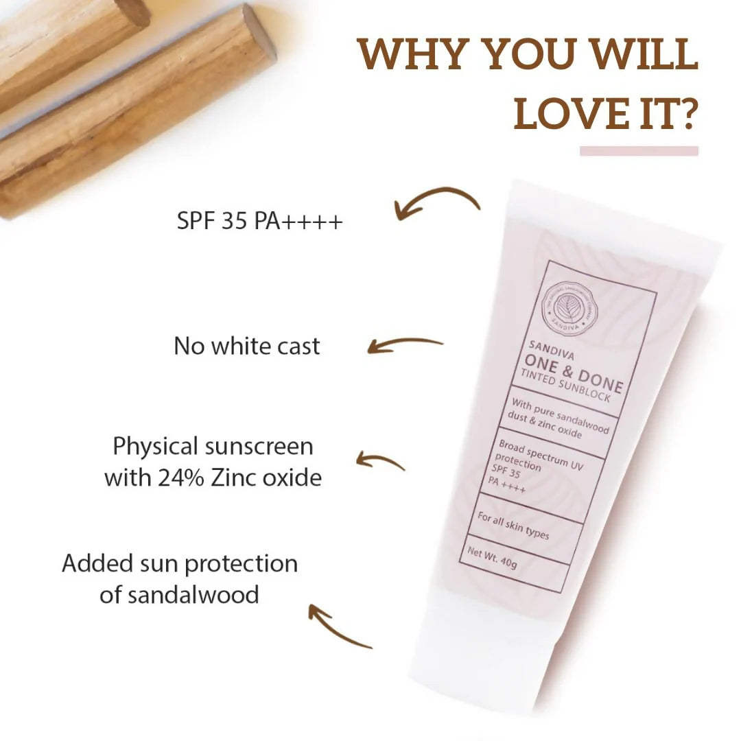 Sandiva One & Done Tinted Sunscreen With Zinc Oxide, SPF 35 PA++++, No White Cast - Tint 22 - 40 gm