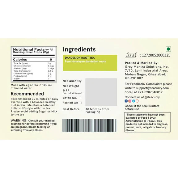 Teacurry Dandelion Root Tea Bags - 30 Teabags