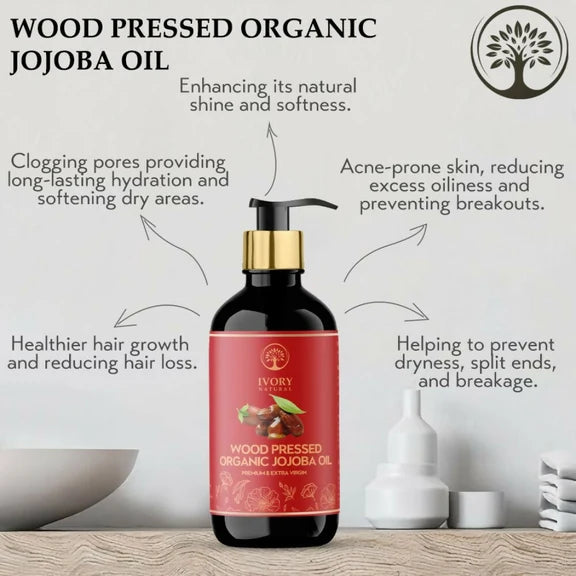 Ivory Natural Wood Pressed Organic Jojoba Oil Premium & Extra Virgin For Smooth Dry Skin, Avoid Flakiness, & Improve Skin Elasticity - 200 ml