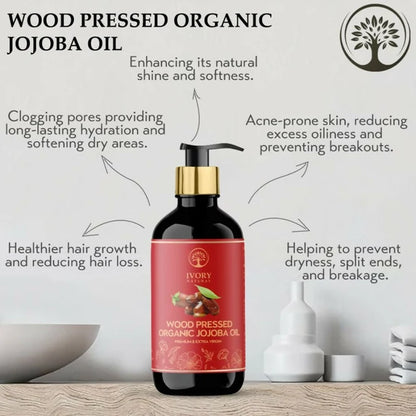 Ivory Natural Wood Pressed Organic Jojoba Oil Premium & Extra Virgin For Smooth Dry Skin, Avoid Flakiness, & Improve Skin Elasticity - 200 ml