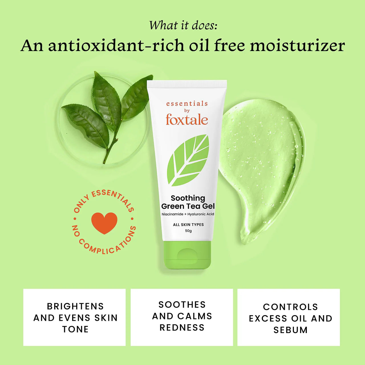 Foxtale Essentials Green Tea Oil-Free Gel Face Moisturizer - Hydrates, Brightens And Prevents Acne