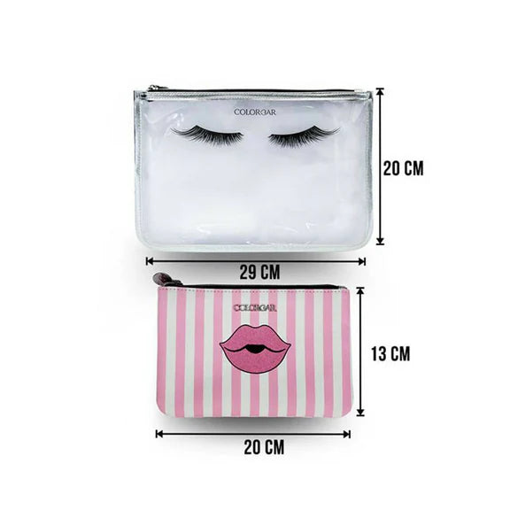 Colorbar Pouch Lips & Lashes Flat Pouches (Set Of Two) - White+Blush Pink - Combo