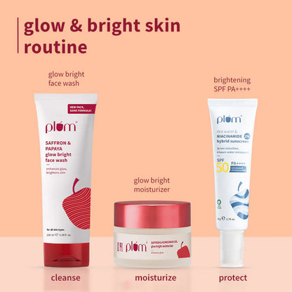 Plum CSM Combo - Saffron Face Wash Saffron Moisturizer & Niacinamide & Rice Water SPF Sunscreen - combo
