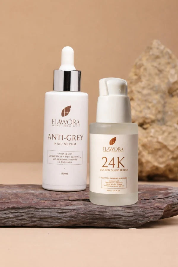Flawora Set of Anti-Grey Hair Serum and Golden Glow Face Serum - combo