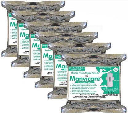 Manvicare Biodegradable Charcoal Anion Cotton Sanitary Pads - XL - Pack of 48