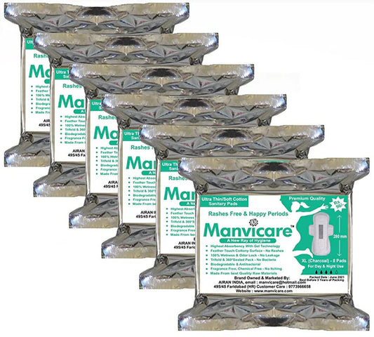 Manvicare Biodegradable Charcoal Anion Cotton Sanitary Pads - XL - Pack of 48