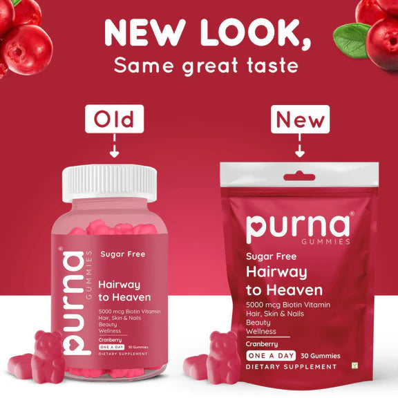 Purna Gummies Hair Biotin Cranberry Sugar Free Gummies with Vitamin B12 for Hair & Nail - 30 gummies
