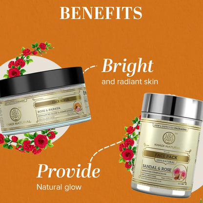 Khadi Natural Rose & Papaya Face Scrub + Sandal & Rose Face Pack - combo