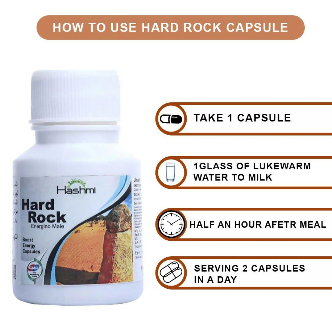 Hashmi Pharmacy Hard Rock Capsules are formulated with natural ingredients like Ashwagandha, Safed Musli, Gokshur, Gheekwar, and more. - 20 caps