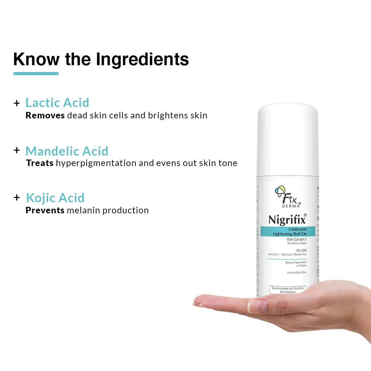 Fixderma Nigrifix Underarm Lightening Roll on with 6% AHA, Lactic Acid & 1% Mandelic Acid, Brightens Skin & Exfoliates Underarm