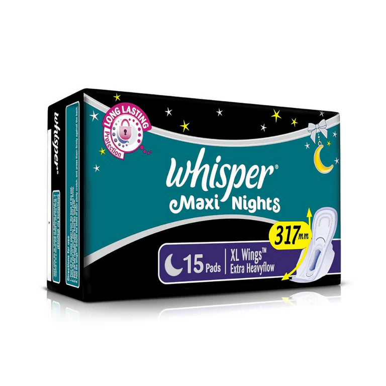Whisper Maxi Nights Sanitary Pads for Women, XL - 15 Pieces