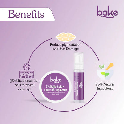 Bake Kojic Acid Lavender Lip Kit With Lip Balm SPF 50 & Lip Scrub For Dark & Pigmented Lips - combo