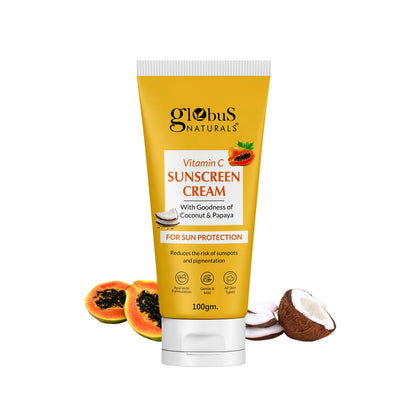 Globus Naturals Vitamin C Sunscreen Cream with Goodness of Coconut & Papaya For Sun Protection All Skin Types - 100 gm