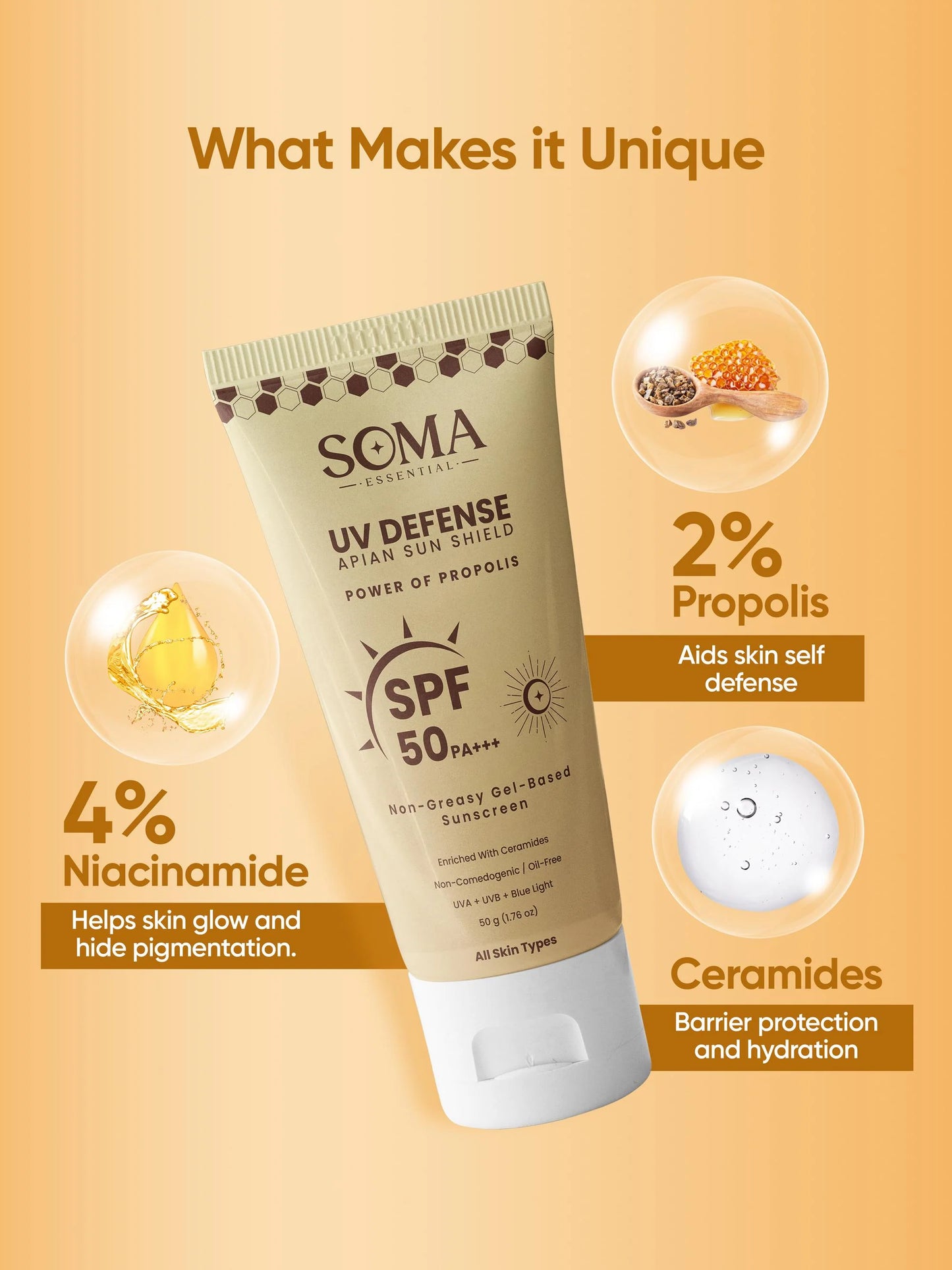 Soma Essential Propolis Based Apian Sunshield, 4% Niacinamide & Ceramides - 50 gm - Pack of 1
